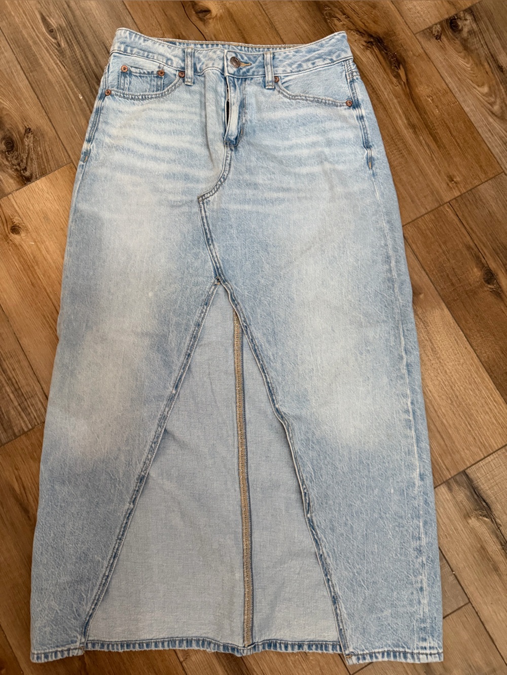 American Eagle Outfitters Light Blue Denim Maxi Skirt with Front Slit